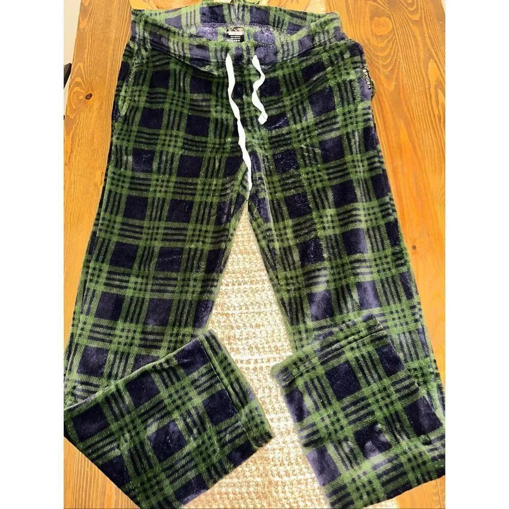 Spyder Men's Sz L Large Plaid Fleece Pajama Pants Lounge Sleep Bottoms blue Gree - Picture 2 of 5